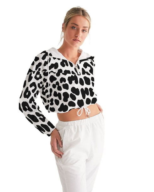 Womens Cropped Windbreaker Jacket - Black and White Leopard Print