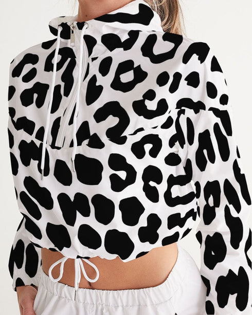 Womens Cropped Windbreaker Jacket - Black and White Leopard Print