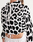 Womens Cropped Windbreaker Jacket - Black and White Leopard Print