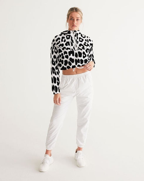 Womens Cropped Windbreaker Jacket - Black and White Leopard Print