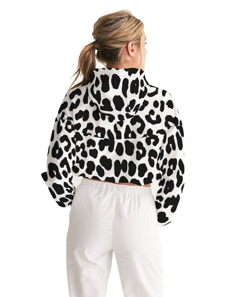Womens Cropped Windbreaker Jacket - Black and White Leopard Print