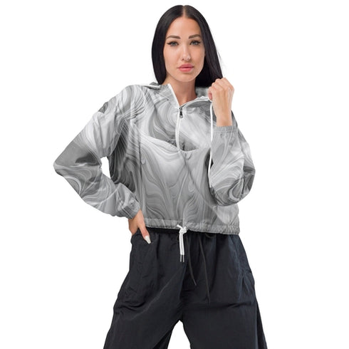 Womens Cropped Windbreaker Jacket - Grey White Boho Marble Print