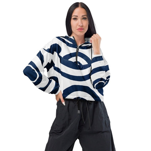 Womens Cropped Windbreaker Jacket - Navy Blue and White Circular